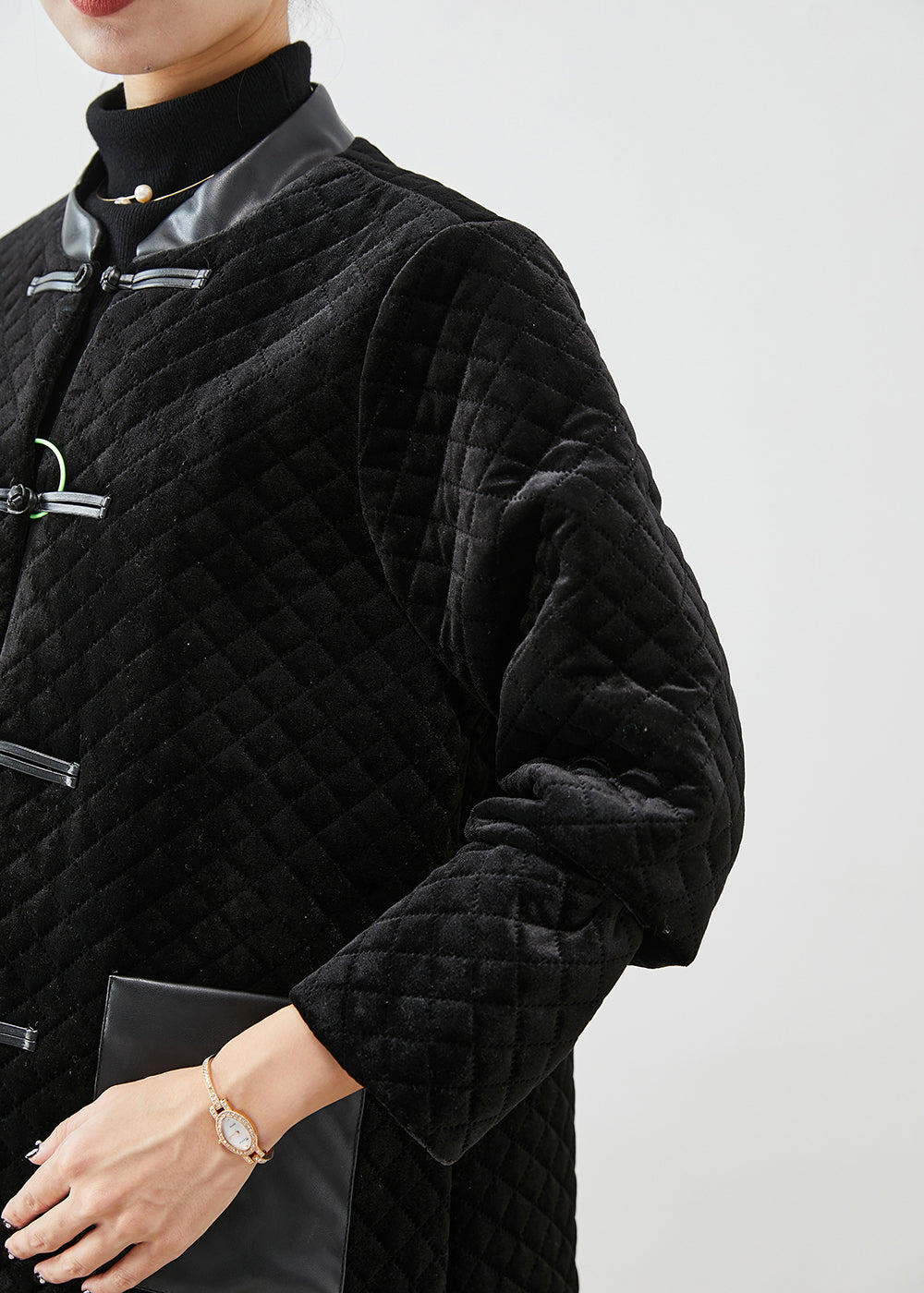 Black Patchwork Pockets Silk Velour Fine Cotton Filled Coats Winter