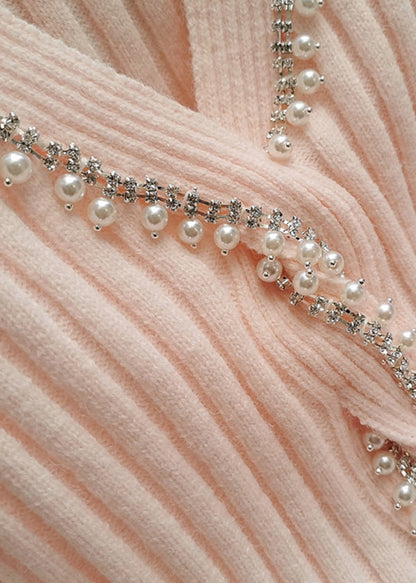 Pink V Neck Nail Bead Silm Fit Knit Sweaters Winter
