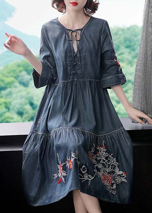 Blue V Neck Embroideried Cotton Holiday Denim Dress Half Sleeve