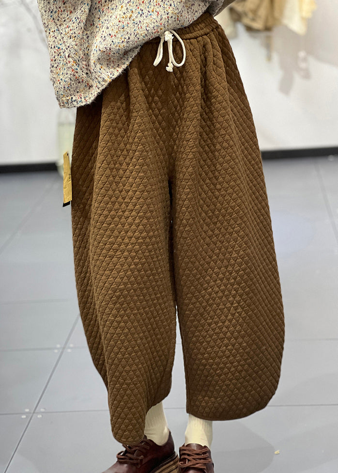 Boutique Apricot Elastic Waist Fine Cotton Filled Wide Leg Pants Winter