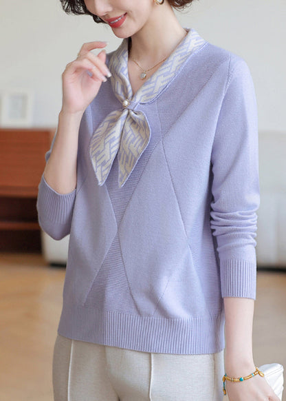 Lavender Bow Neck Striped Knit Shirts Winter