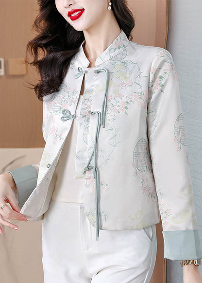 Blue Stand Collar Print Button Silk Coats Fall