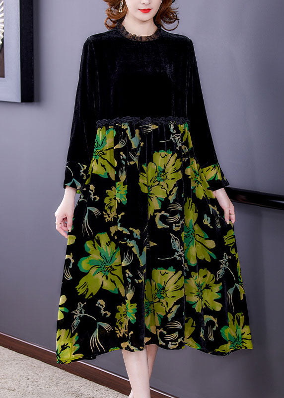 Black Patchwork Print Velour Dress Spring
