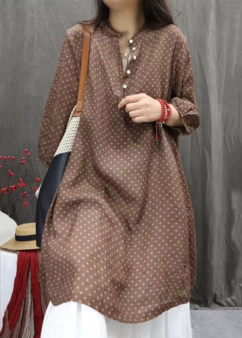 White Dot Button Pockets Cotton Shirts Dress Fall