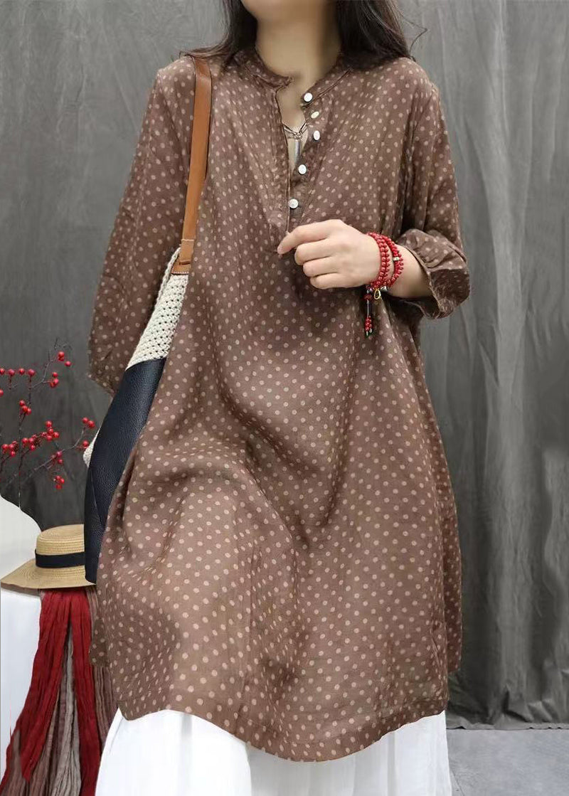 White Dot Button Pockets Cotton Shirts Dress Fall