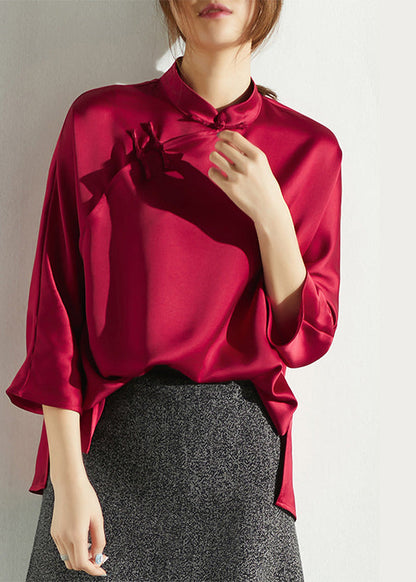 Fine Red Mandarin Collar Side Open Silk Shirt Three Quarter Sleeve