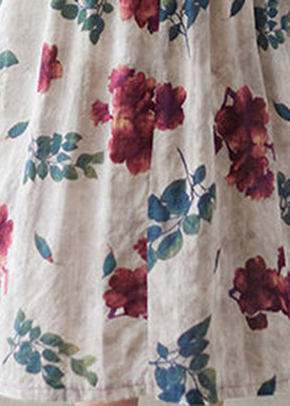 O-neck Print Wrinkled Linen Long Dress Short Sleeve