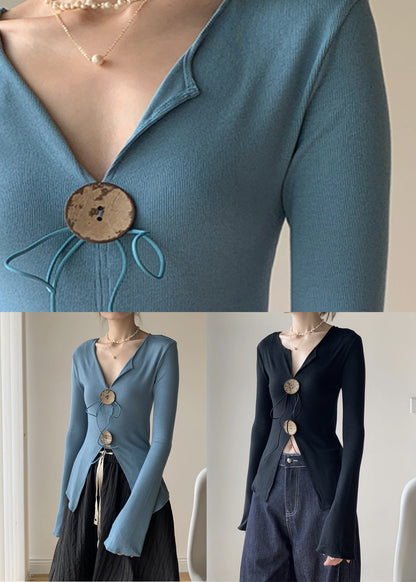 New Blue V Neck Knitting Cotton Tops Fall