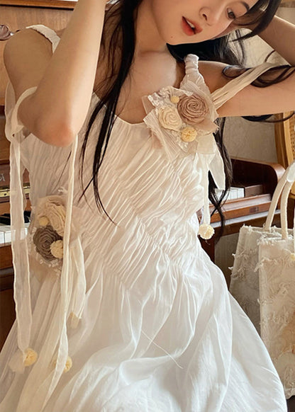 French Apricot Decorated Pleated Dress for Summer