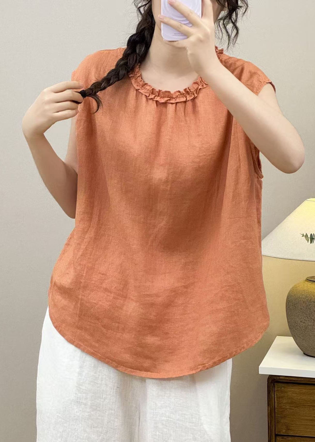Orange Ruffled Linen Shirt Top Sleeveless