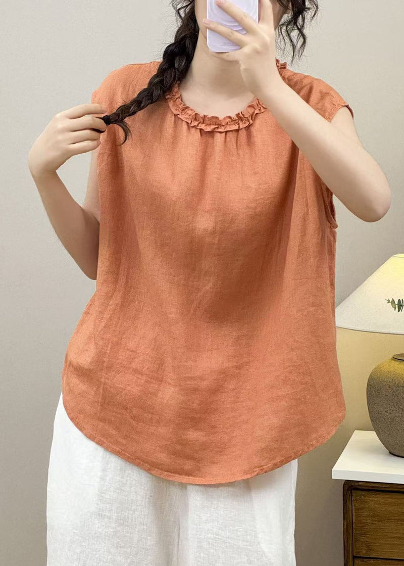 Orange Ruffled Linen Shirt Top Sleeveless