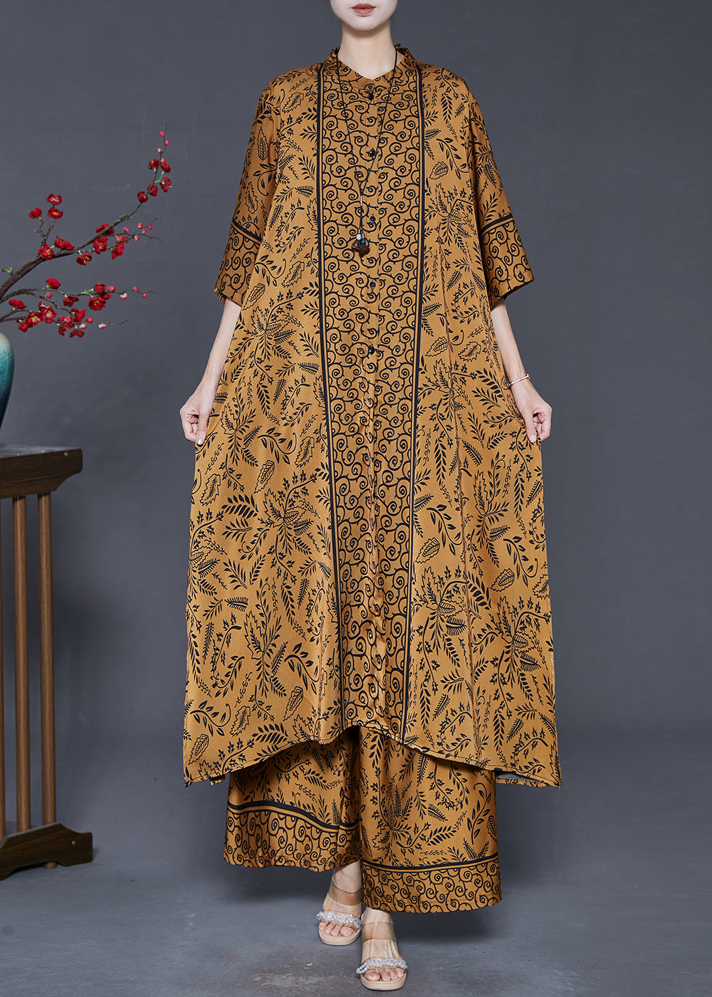 Brown Oversized Print Silk Two Pieces Set Summer