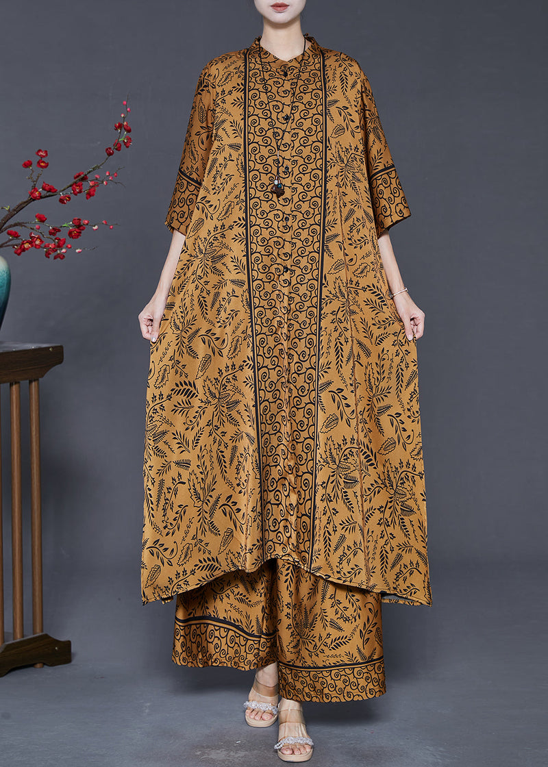 Brown Oversized Print Silk Two Pieces Set Summer