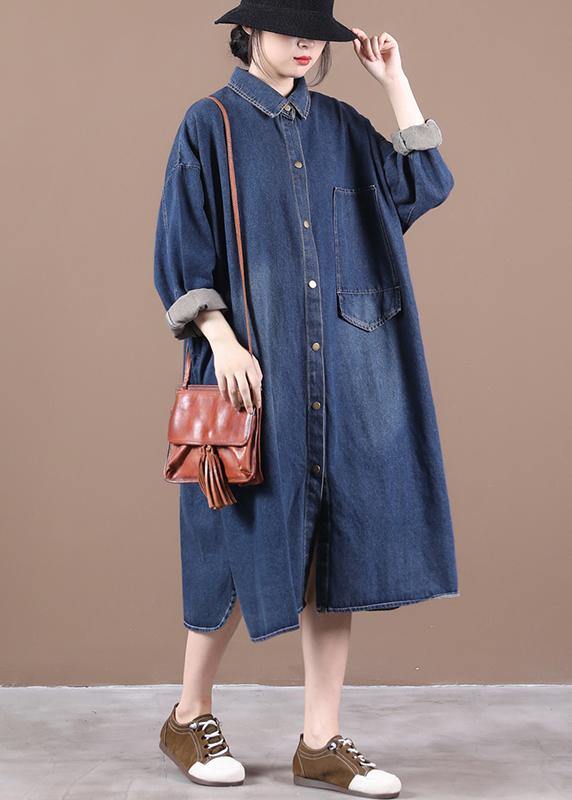 100% Lapel Patchwork Spring Outfit Ideas Denim Blue Long Dress