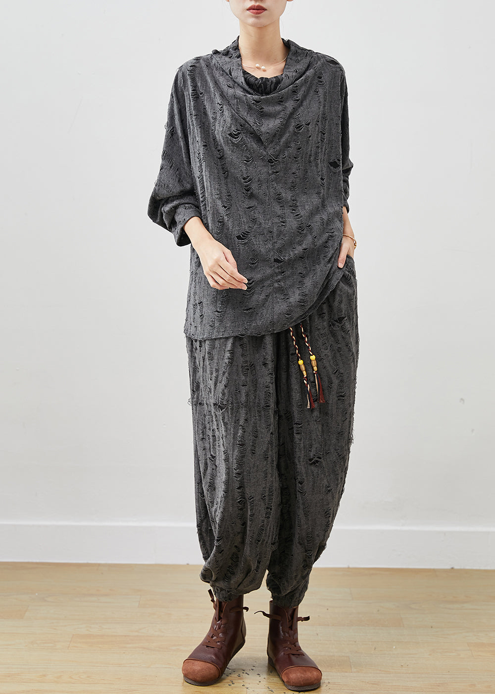 Grey Turtle Neck Cotton Ripped Two Pieces Set Spring