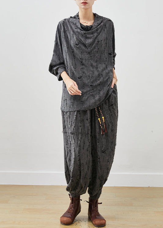 Grey Turtle Neck Cotton Ripped Two Pieces Set Spring