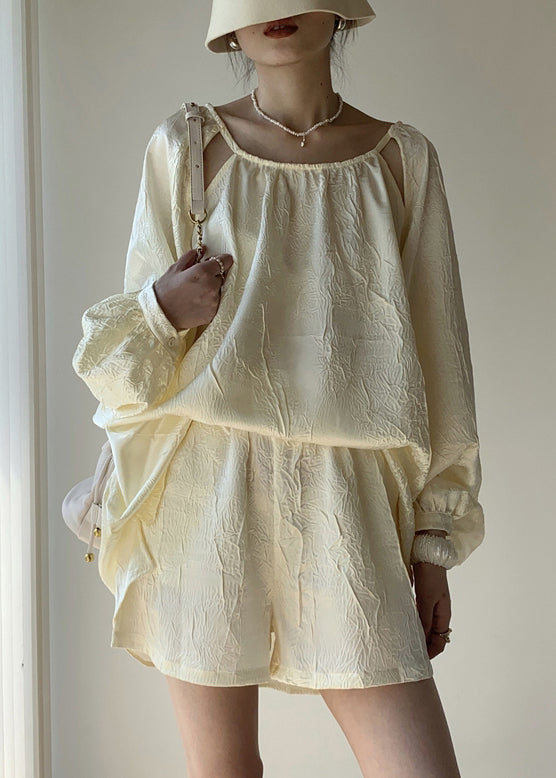 French Apricot Jacquard Off the Shoulder Cotton Two Pieces Set Summer