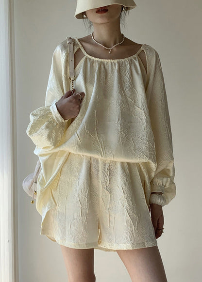 French Apricot Jacquard Off the Shoulder Cotton Two Pieces Set Summer