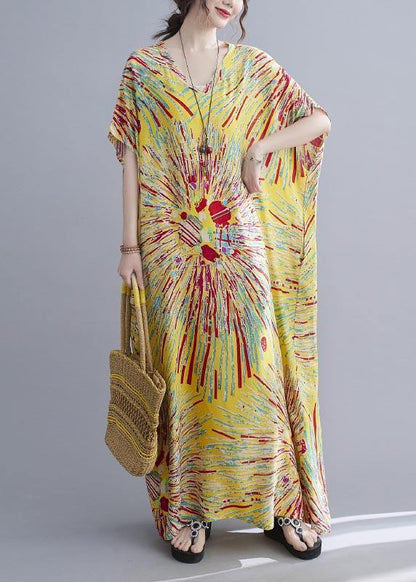Yellow Print Cotton V Neck Oversize Summer Dress