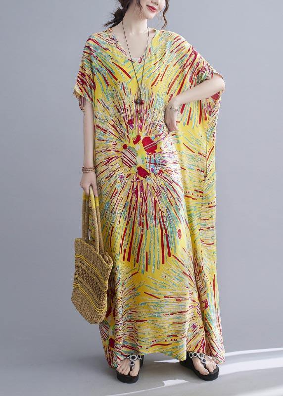 Yellow Print Cotton V Neck Oversize Summer Dress