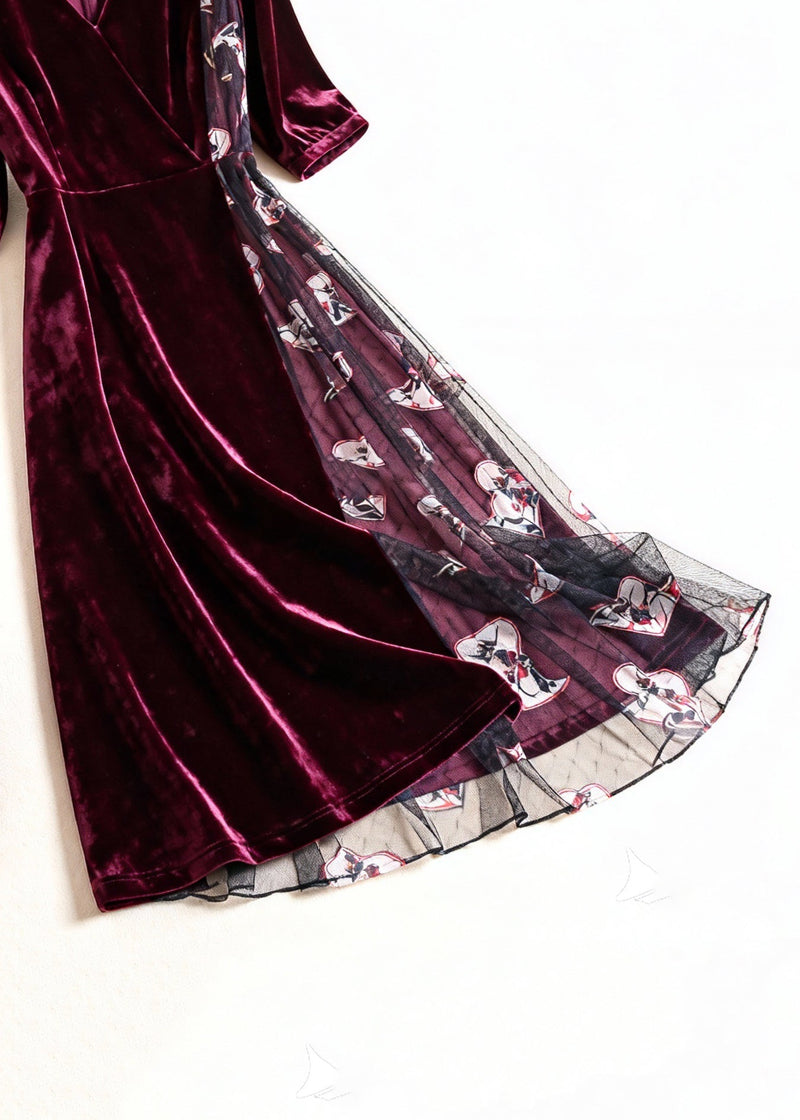 Wine Red Print Tulle Patchwork Silk Velvet Dress Summer