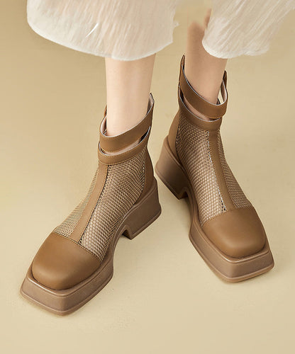 Brown Chunky Faux Leather Breathable Mesh Splicing Sandals