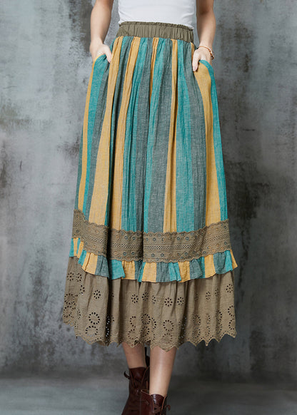 Green Striped Patchwork Linen Skirt Spring