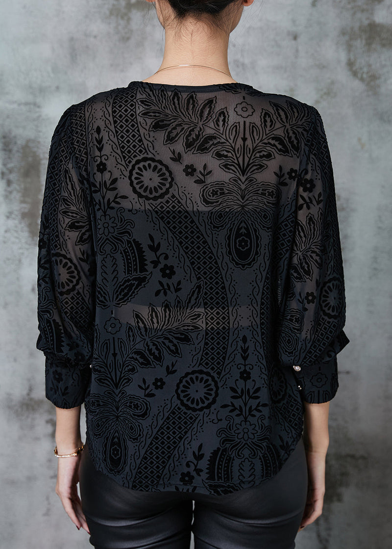 Black O-neck Jacquard Lace Tops Spring