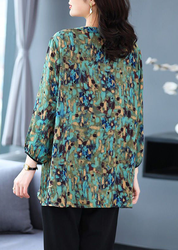 Green O Neck Print Patchwork Cotton Top Fall