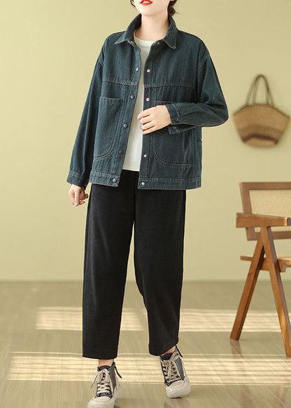 Navy Oversized Pockets Warm Fleece Denim Jacket Spring