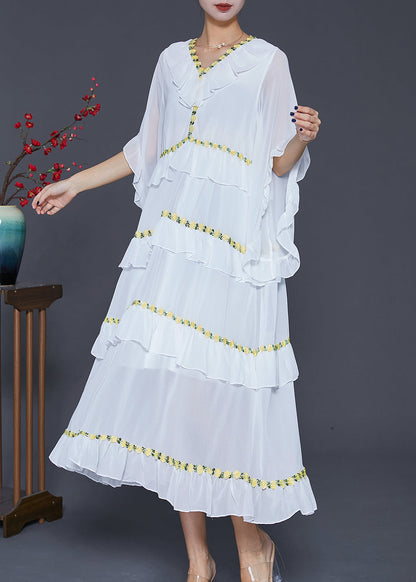 White Ruffled Patchwork Chiffon Beach Dress Summer