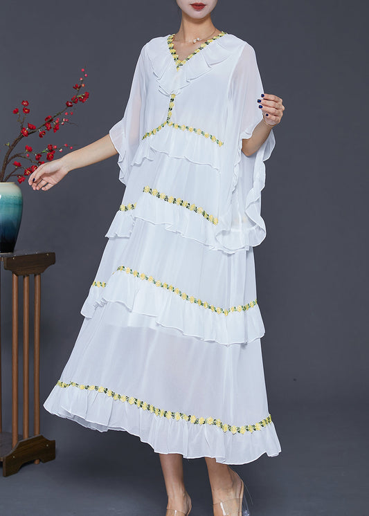 White Ruffled Patchwork Chiffon Beach Dress Summer