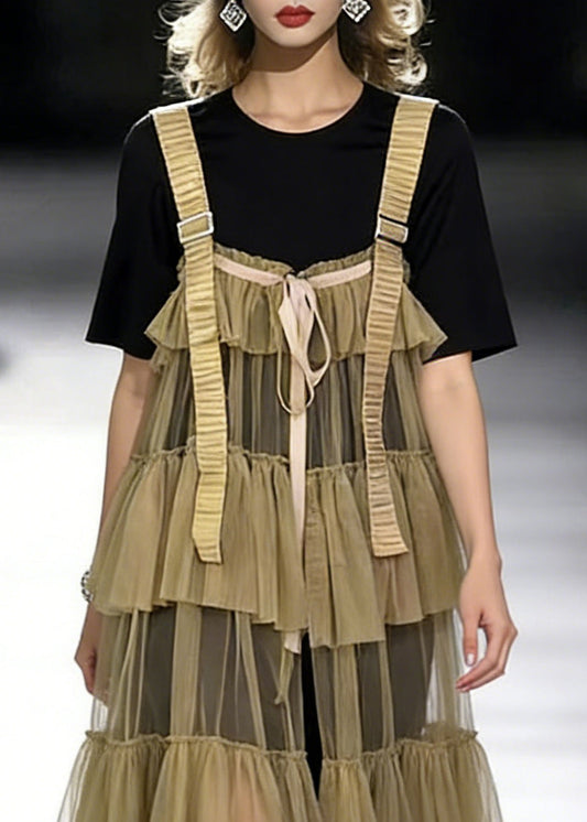 New Black O-neck T Shirt and Khaki Wrinkled Tulle Dress Two Pieces Set Summer