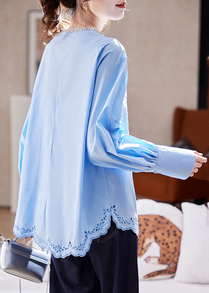 Blue Embroidered Nail Bead Top Batwing Slee