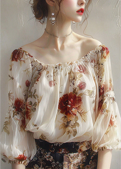 Apricot Slash Neck Print Chiffon Top Half Sleeve