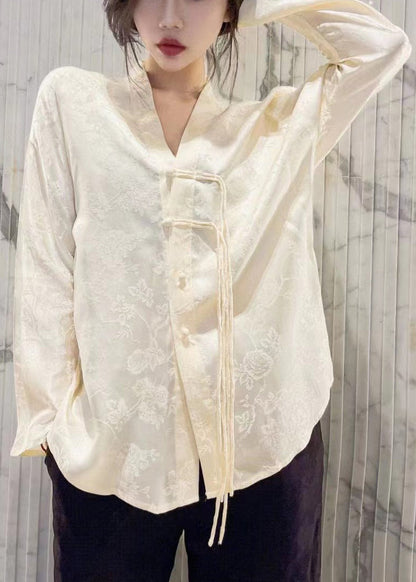 Chinese Style Yellow V Neck Jacquard Silk Shirt Tops Long Sleeve