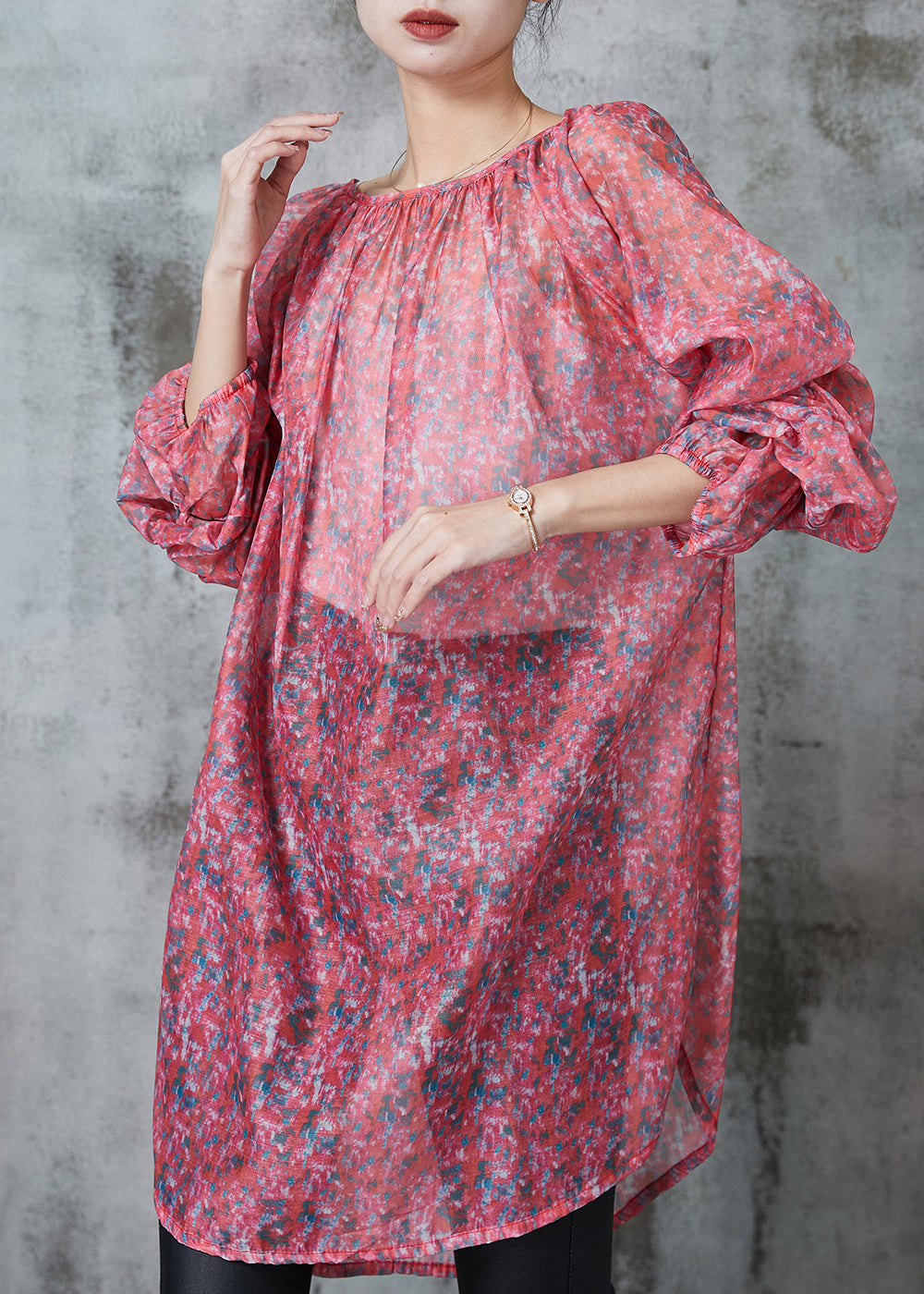 Boutique Red Print Linen Silk Upf 50+ Long Tops Spring