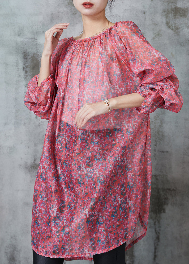 Boutique Red Print Linen Silk Upf 50+ Long Tops Spring