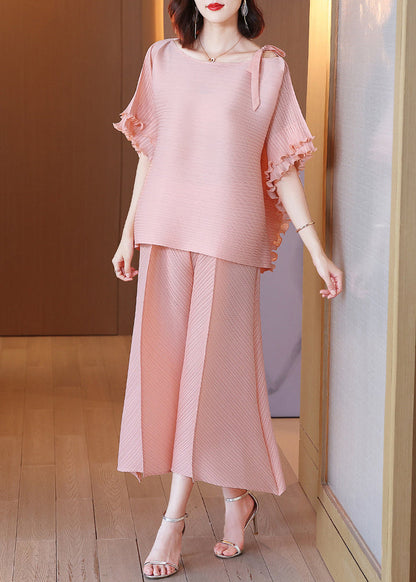 Pink O-neck Top and Wide Leg Pants Two Piece Set Fall