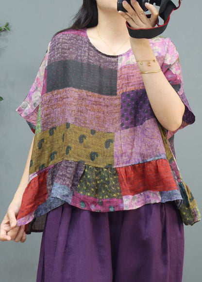 Purple Print Linen Top Short Sleeve