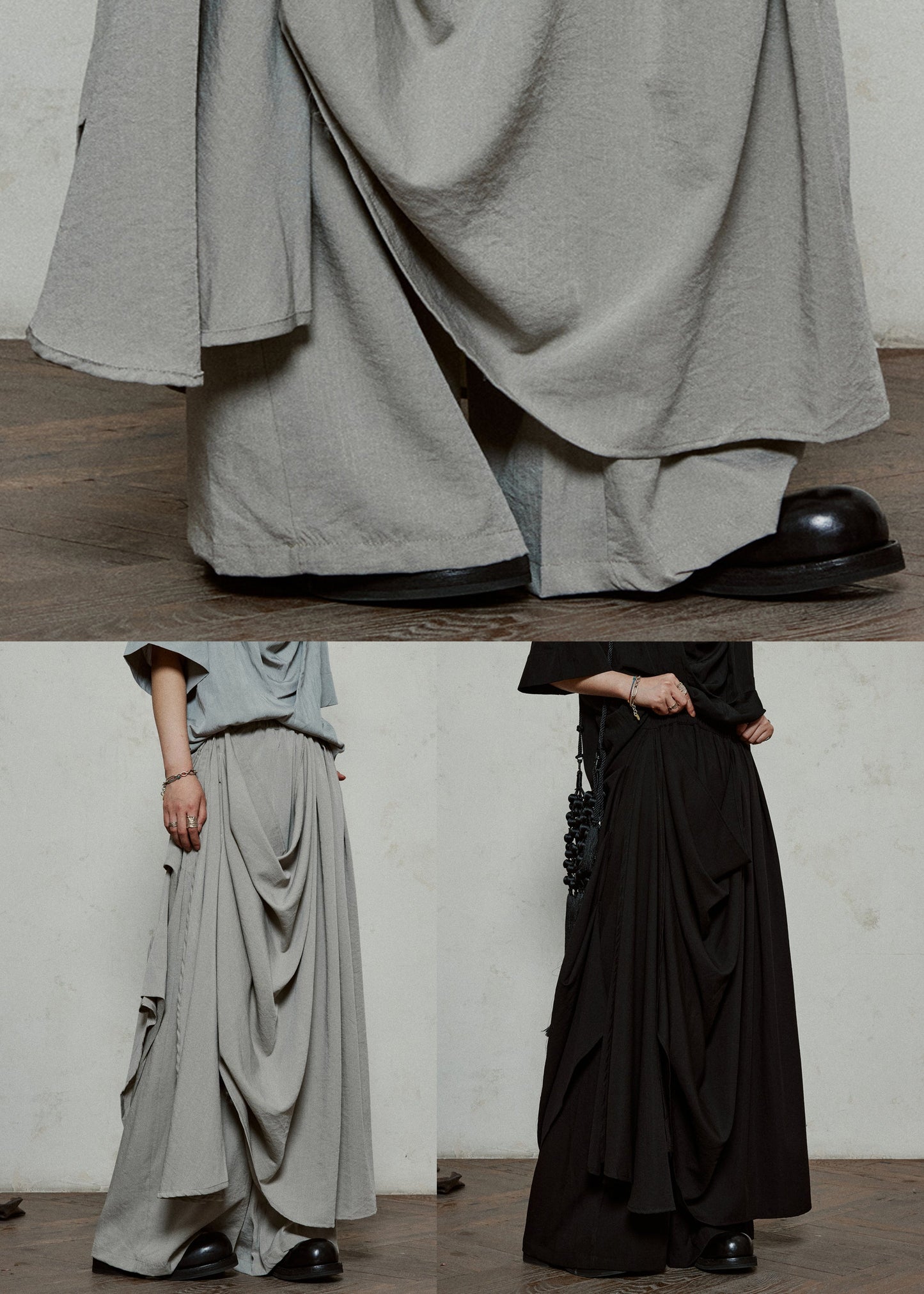 Black Elastic Waist Pockets Cotton Wide Leg Pants Asymmetrical
