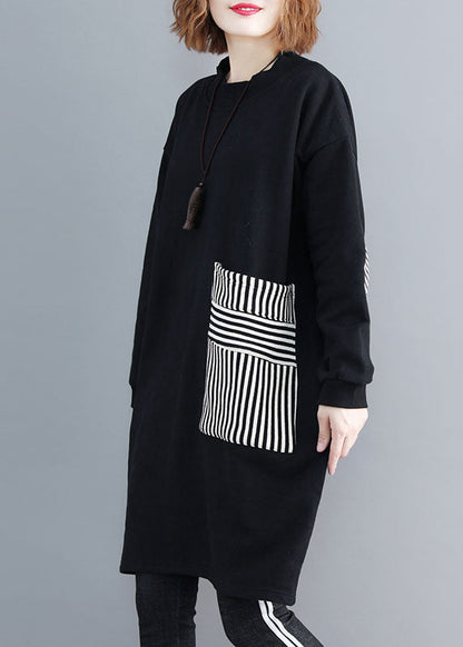 Black O-neck Striped Patchwork Mid Dress Long Sleeve