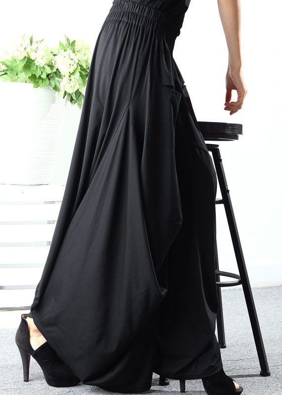 Style Black Asymmetrical Pockets Cotton Pants Spring