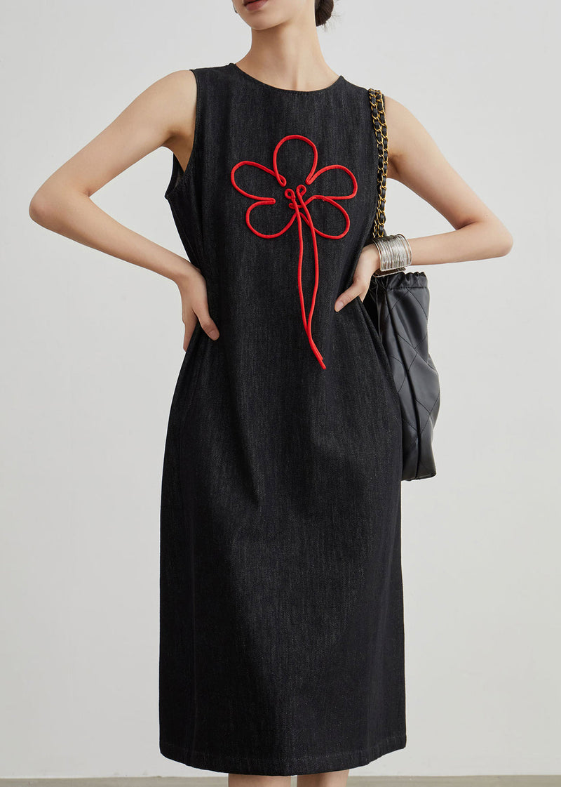 Black Embroidered Zippered Denim Dresses Sleeveless