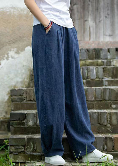 Simple Blue Pockets Linen Pants Summer