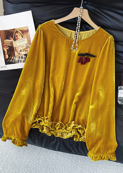 Yellow O Neck Ruffled Silk Velour T Shirt Fall