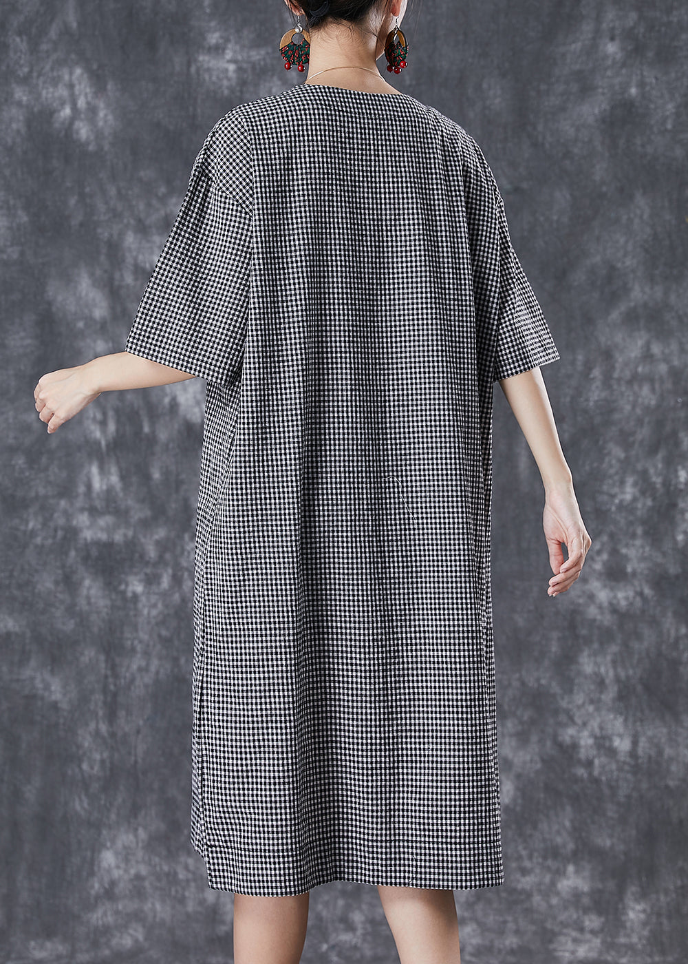 Black Oversized Plaid Cotton Maxi Dresses Summer