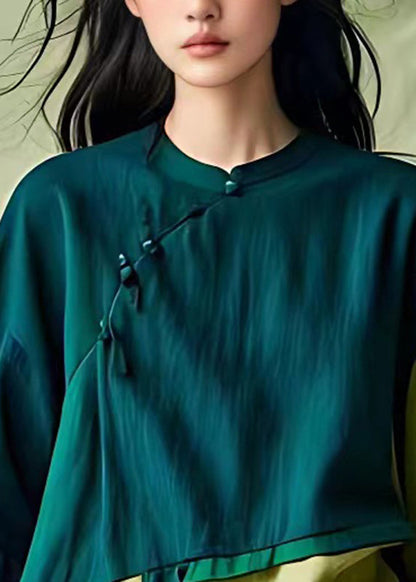Loose Colorblock O-neck Patchwork Button Top Half Sleeve