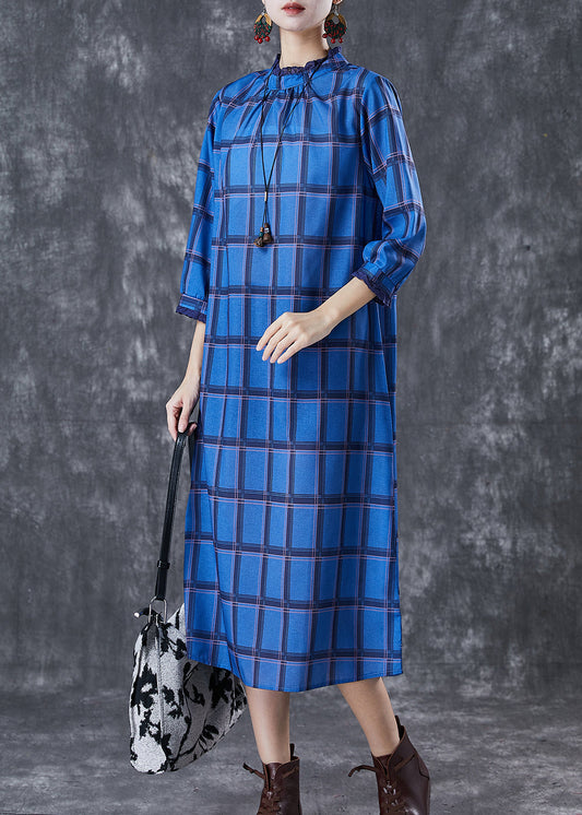 Blue Stand Collar Print Linen Dress Bracelet Sleeve