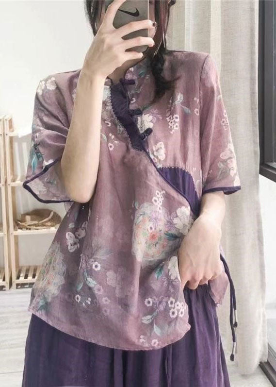 Purple Button Print Shirt Tops Half Sleeve